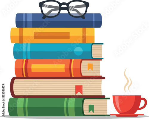 Stack of books with reading glasses and cup of coffee