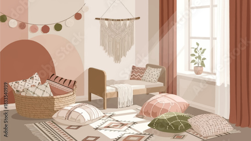A cozy bohemian-style bedroom with floor cushions, a patterned rug, and earthy-toned wall decor, creating a warm and inviting atmosphere.