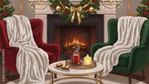 Cozy Christmas living room with fireplace, red and green armchairs, blankets, and festive decorations.