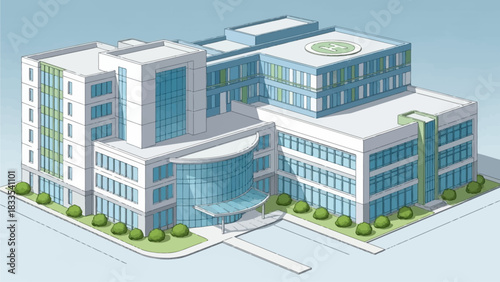 A modern hospital building illustration with a helipad on the roof.