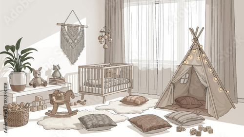 A warm and inviting bohemian-style nursery room with a crib, teepee, rocking horse, and natural decor.