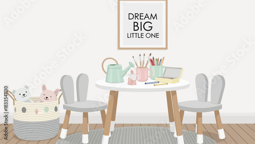 A cozy children's play area with a small table, bunny chairs, art supplies, and a toy basket, featuring an inspirational wall print.