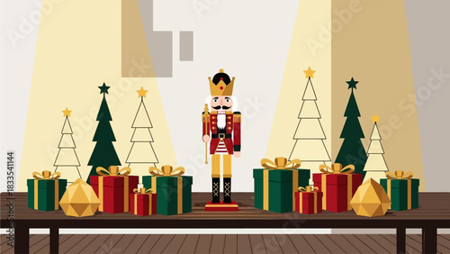 A festive holiday display featuring a classic Nutcracker soldier surrounded by various Christmas trees, wrapped gift boxes, and golden geometric decorations on a table.