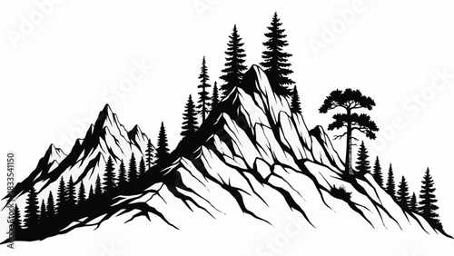 Monochrome Mountain Range Silhouette with Evergreen Trees.