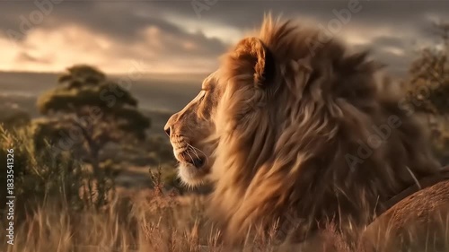 Majestic lion in natural habitat under warm evening sunlight close up