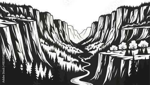 Dramatic Black and White Woodcut Style Canyon Landscape with River.