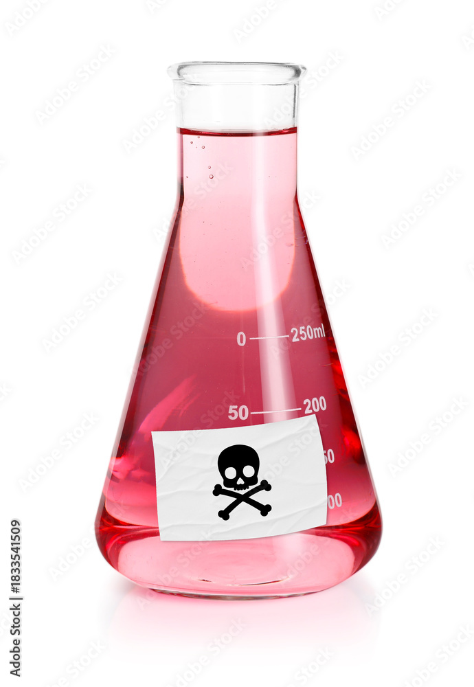 Obraz premium Poison in conical flask isolated on white. Laboratory glassware with skull and crossbones label