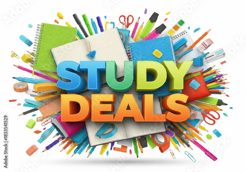 Colorful school supplies surround the words "Study Deals" in a vibrant, promotional arrangement against a white background.
