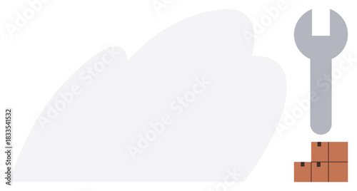 Large wrench next to stacked boxes symbolizing repair, maintenance, or logistics processes. Ideal for concepts thumbs up service, industry, shipping, tools, warehouse delivery teamwork. Clean flat