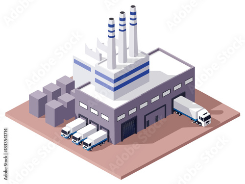 This isometric factory scene features three blue-striped smokestacks rising above a warehouse where delivery trucks line the loading docks next to stacked grey cargo containers