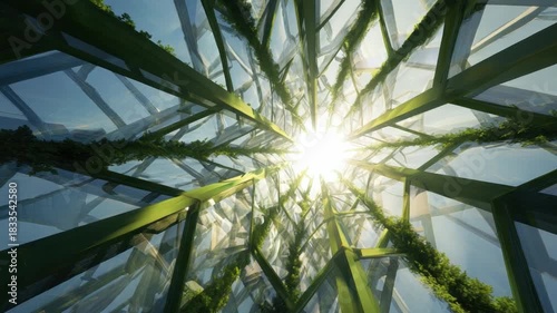 Abstract Botanical Ascent: An abstract, upward perspective captures the geometric grace of botanical architecture, with natural light streaming through a network of intertwining structures.