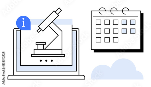 Microscope on laptop represents online research and scientific analysis. Calendar signifies scheduling and planning. Cloud suggests data storage or collaboration. Ideal for research, education