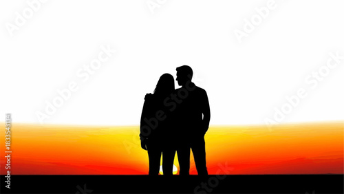 Silhouette of a couple standing together watching the sunset.