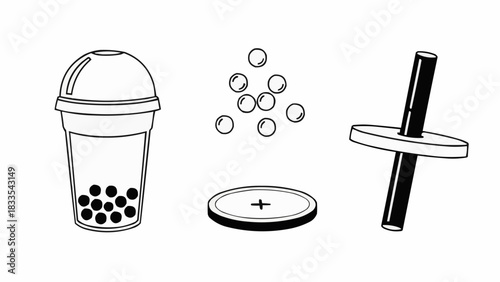 Boba Tea Illustration with Tapioca Pearls and Accessories.