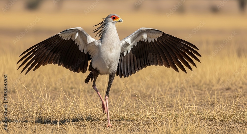 Fototapeta premium Secretary Bird Spreading Wings in African Savannah.