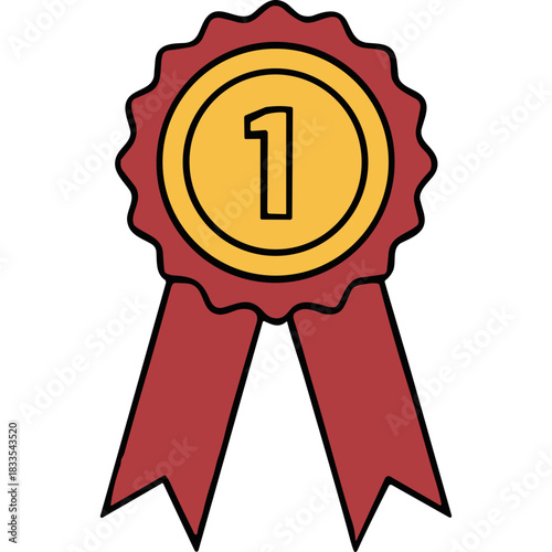 Red Ribbon Award With Yellow Center Showing Number 1 Victory Symbol On Black Background