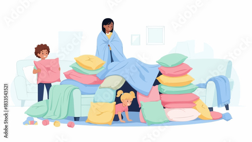 Family building a fort with blankets and pillows for fun activity.