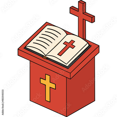 Red Pulpit With Open Bible And Cross Sacred Text Religious Worship Illustration On Black Background