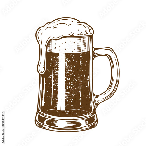 Vintage sketch illustration of a full glass mug of fresh frothy beer on white background
