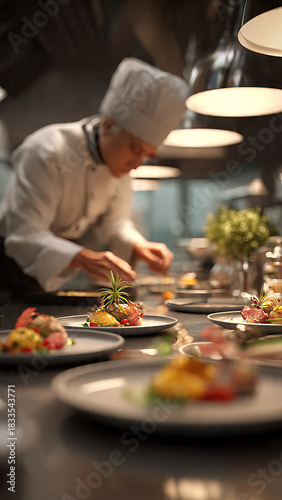 A realistic 3D model of a male chef meticulously plating a gourmet dish in a brightly lit, modern kitchen.