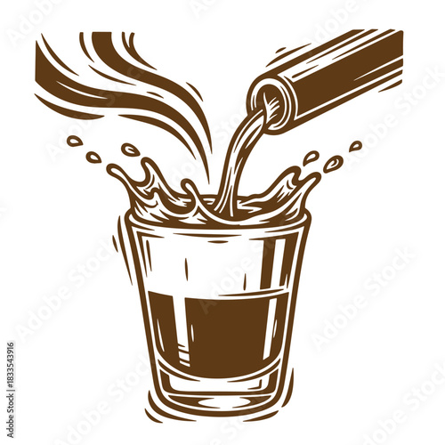 Vintage sketch illustration of beverage pouring into a glass creating a splash effect