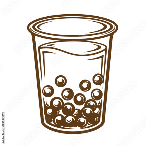 Vintage sketch illustration of delicious bubble tea drink with brown tapioca pearls