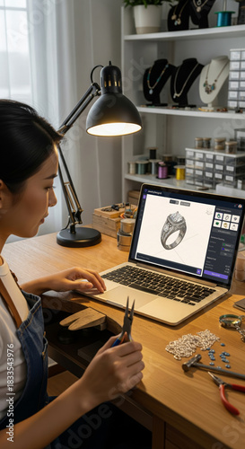 Asian woman uses AI design software for jewelry small business