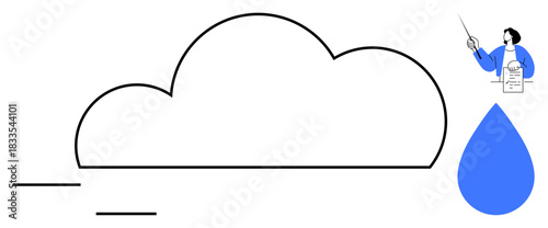 Cloud outline, person explaining with chart, and blue raindrop symbolize cloud computing, data storage, weather, nature, sustainability, innovation and education. Ideal for simple flat metaphor