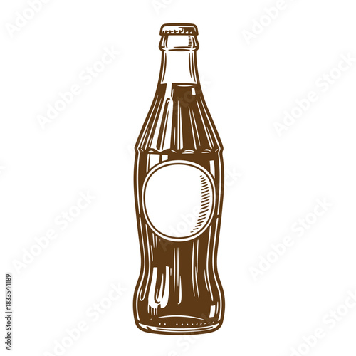 Vintage sketch of a brown soda bottle with blank label isolated on white background