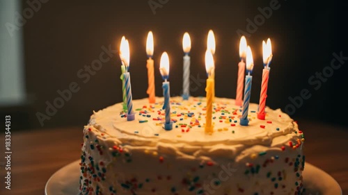 Birthday cake with ten lit colorful twisted candles and rainbow sprinkles