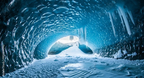 Stunning Ice Cave Interior with Light at the End.