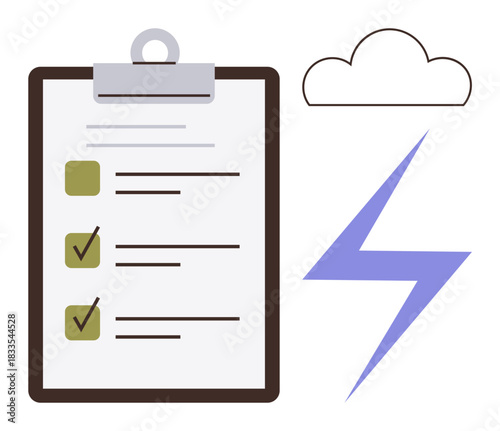 Clipboard with checklist, cloud, and lightning bolt representing task management, energy, creativity, and efficiency. Ideal for planning, productivity, innovation strategy brainstorming goal