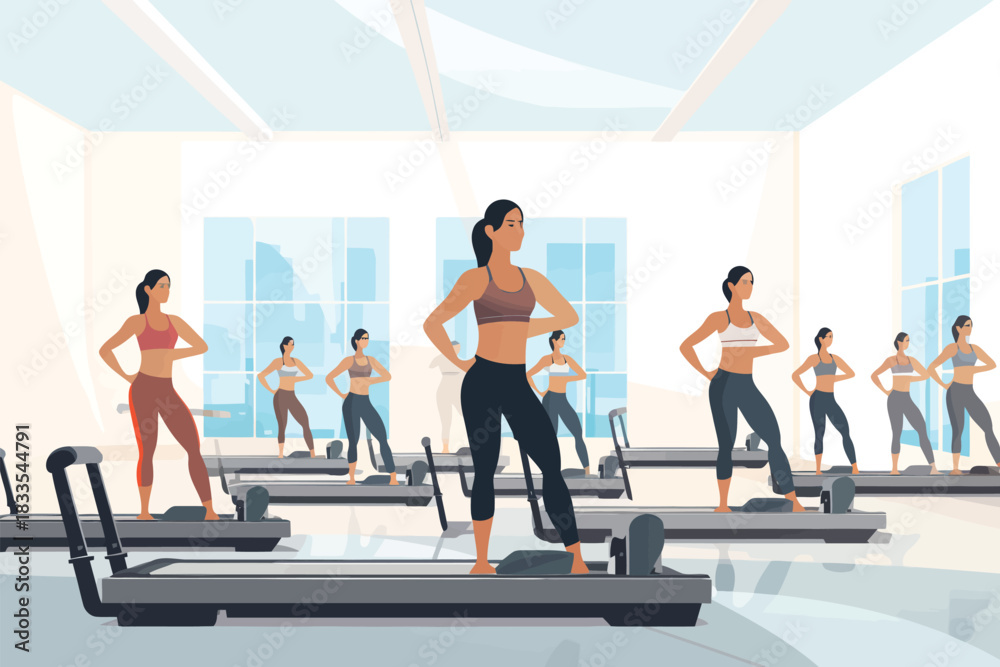 Fototapeta premium Reformer Pilates Class in a Modern Fitness Studiove isolated