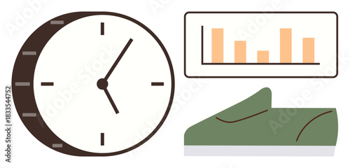 Analog clock, bar graph measuring progress, and green running shoe emphasize routine, fitness, productivity, focus, goal tracking, efficiency. Ideal for lifestyle fitness health success