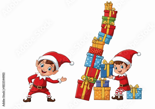 Two cartoon elves stacking a leaning tower of colorful Christmas presents, one elf reaching out.