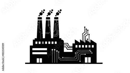 Vector illustration of black silhouette icon of a modern factory building with smokestacks and integrated circuit board pattern isolated on transparent background