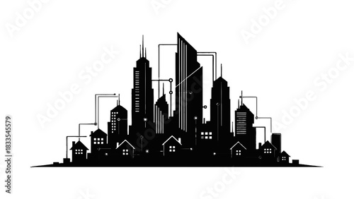 Vector illustration of black silhouette of a modern city skyline with skyscrapers above small houses isolated on transparent background