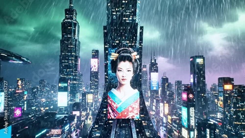 A rainy, futuristic cityscape featuring a geisha on a large screen, and flying vehicles