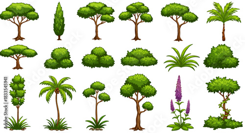 Collection of diverse trees and bushes in vector format, showcasing a variety of botanical elements perfect for landscape design and nature-themed illustrations.