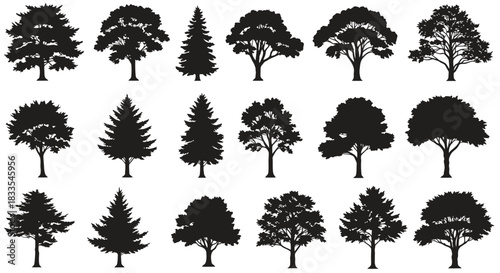 A diverse collection of black silhouette tree vector graphics, perfect for nature-themed designs, environmental projects, and digital illustrations.