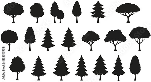 A collection of various tree silhouettes in a vector format, perfect for use in design projects, offering diverse shapes and styles for a variety of creative applications.