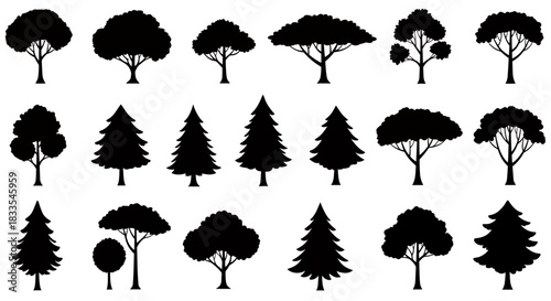 A collection of diverse tree silhouettes in vector format, showcasing various shapes and sizes against a clean background, ideal for nature-themed graphic design projects.