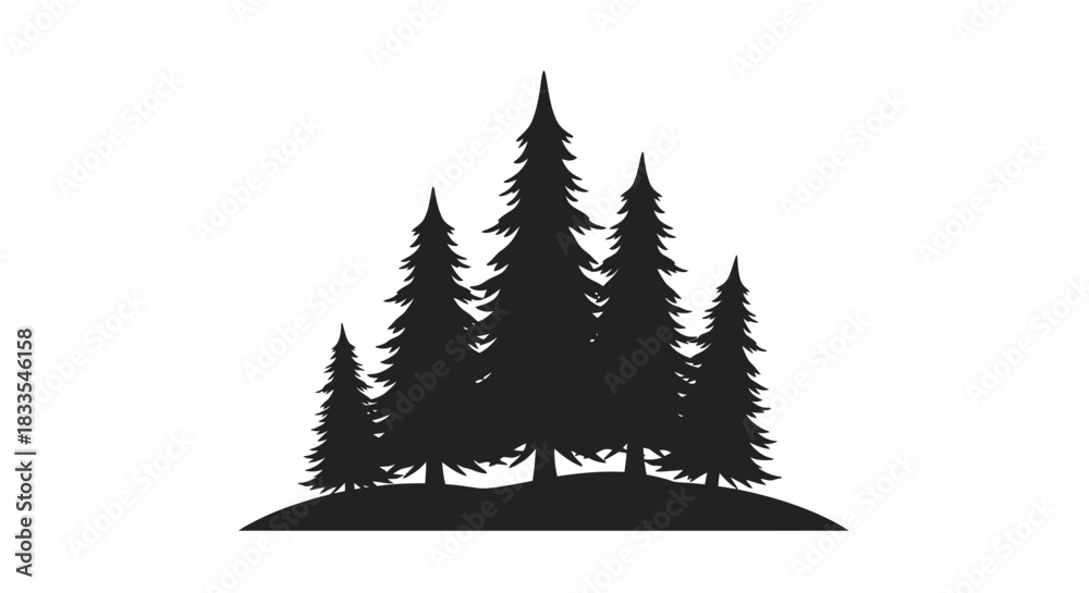 Obraz premium A minimalist vector illustration showcases a group of stylized evergreen trees, perfect for design projects and adding a touch of nature to your creative endeavors in a clean, graphic style.