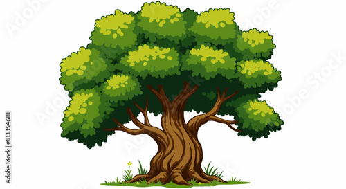 A vibrant, stylized cartoon tree with a robust trunk and abundant green leaves stands majestically, perfect for nature-themed designs.
