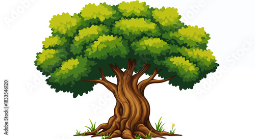 A vibrant, stylized green tree with a robust brown trunk and lush foliage stands majestically, rendered as a clean vector graphic on a transparent background.