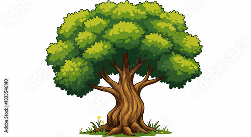 A beautifully illustrated cartoon tree with rich green leaves and a textured brown trunk stands alone as a high-quality vector graphic, ideal for digital art.