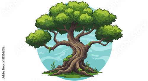 A digitally crafted vector illustration showcases a majestic, old tree with lush green foliage and intricate root details against a serene, light blue backdrop.