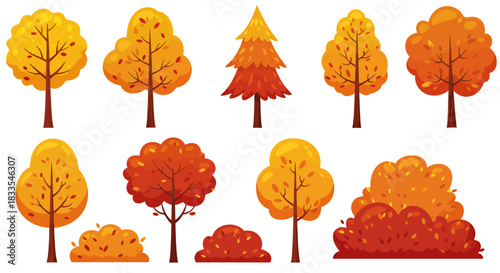 A vibrant collection of autumnal trees, rendered in a clean vector style, showcases the diverse shapes and colors of the fall season in a visually appealing way.