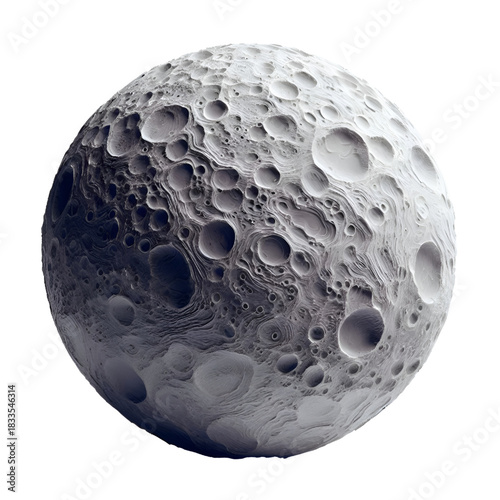 A spherical object resembling the moon with clear three-dimensional details, filled with deep craters and realistic shadows. An artistic design showcasing a fictional lunar surface with fine texture a