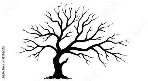 A striking black and white vector illustration depicting a bare deciduous tree silhouette, showcasing its intricate branch structure, isolated on a clean white background.